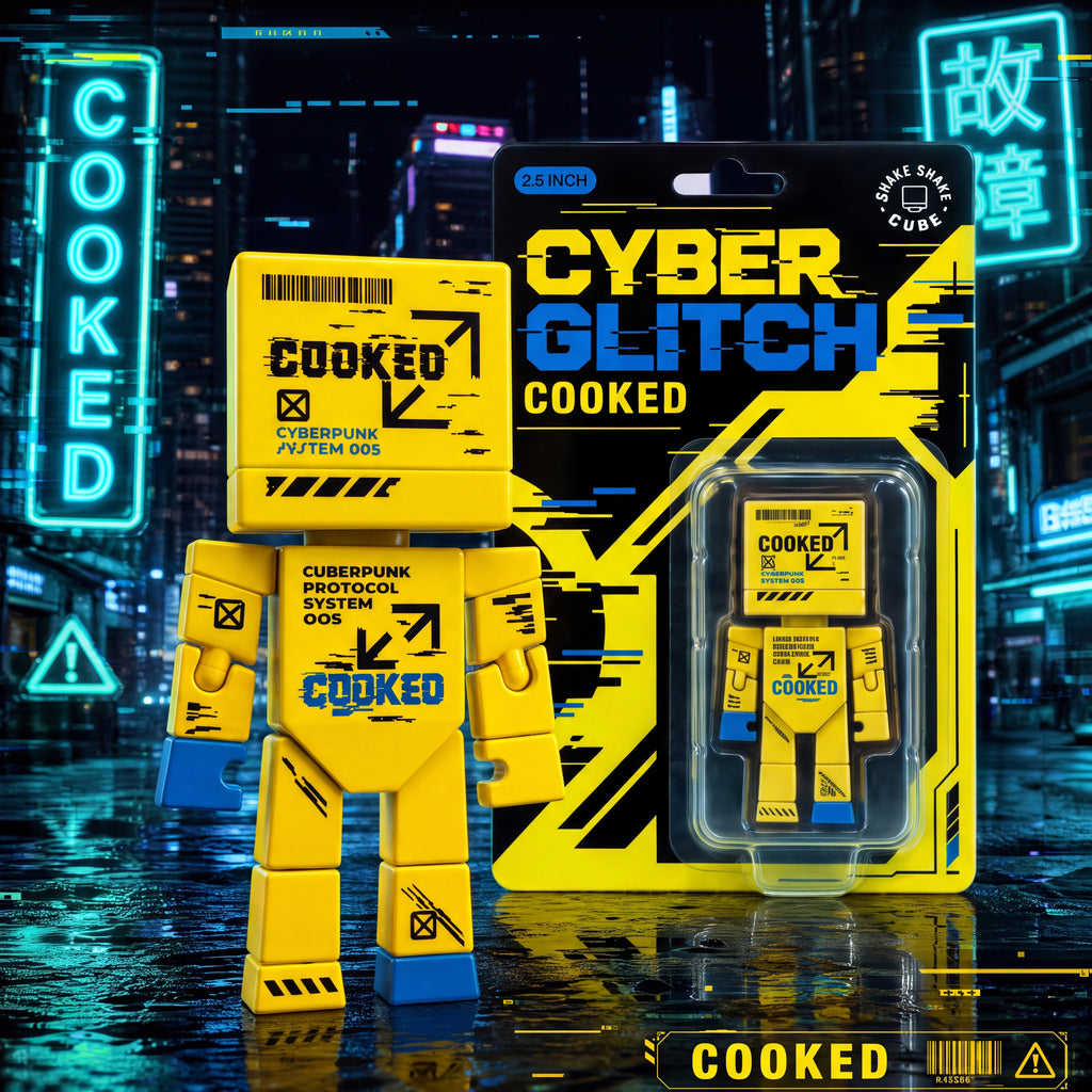SHAKE SHAKE CUBE 2.5" Cyber-Glitch Articulated Fidget Figure – Original IP, Spring-Loaded Head, Collectible Desk Toy