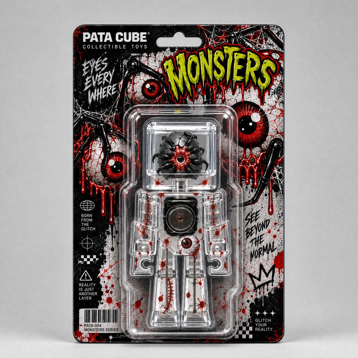 PATA CUBE BAD BRAIN Figure 4" — Interactive Articulated Action Figure, Press-Activated Limp Mode, Transparent Body Collectible