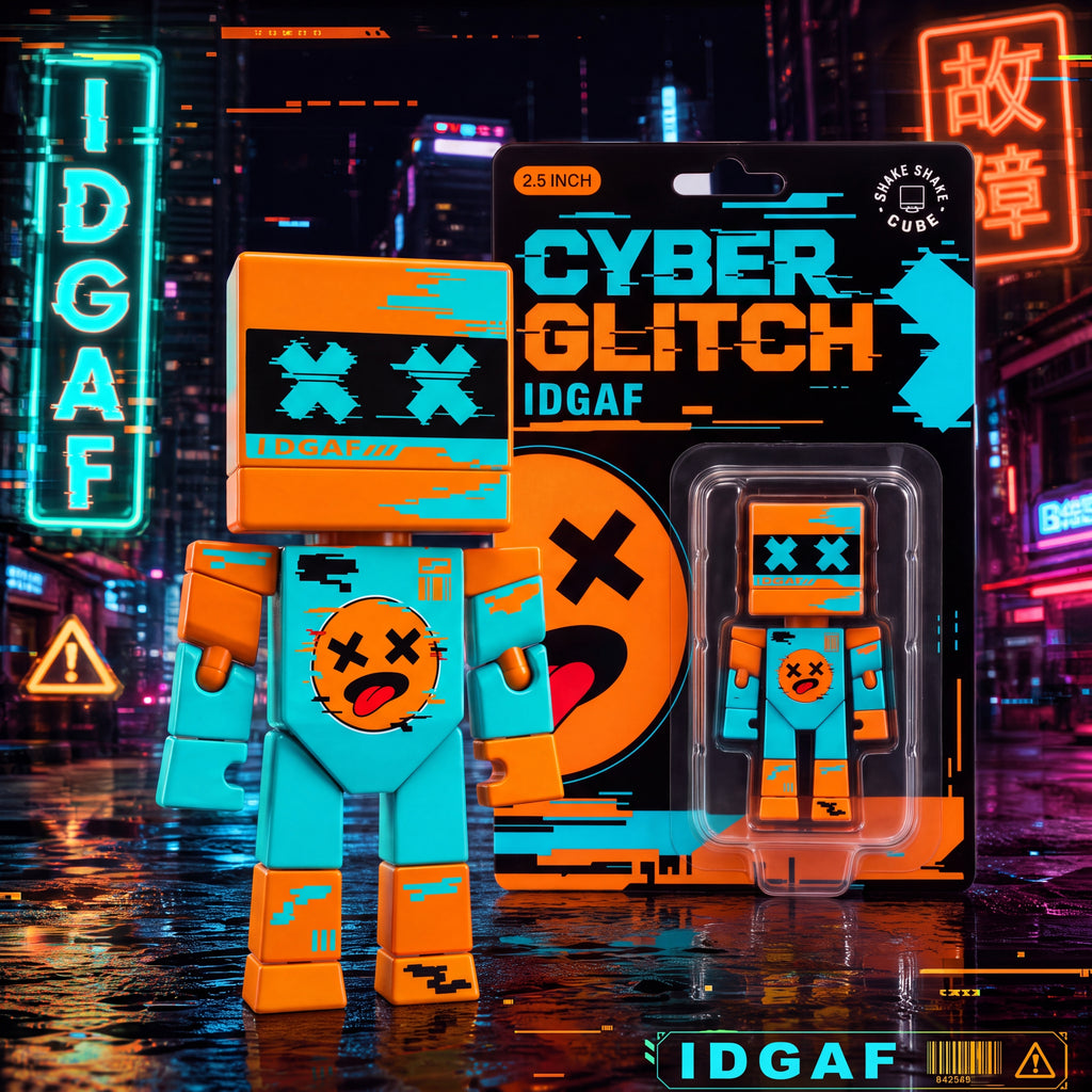 SHAKE SHAKE CUBE 2.5" Cyber-Glitch Articulated Fidget Figure – Original IP, Spring-Loaded Head, Collectible Desk Toy