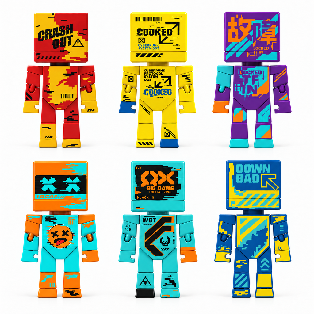 SHAKE SHAKE CUBE 2.5" Cyber-Glitch Articulated Fidget Figure – Original IP, Spring-Loaded Head, Collectible Desk Toy