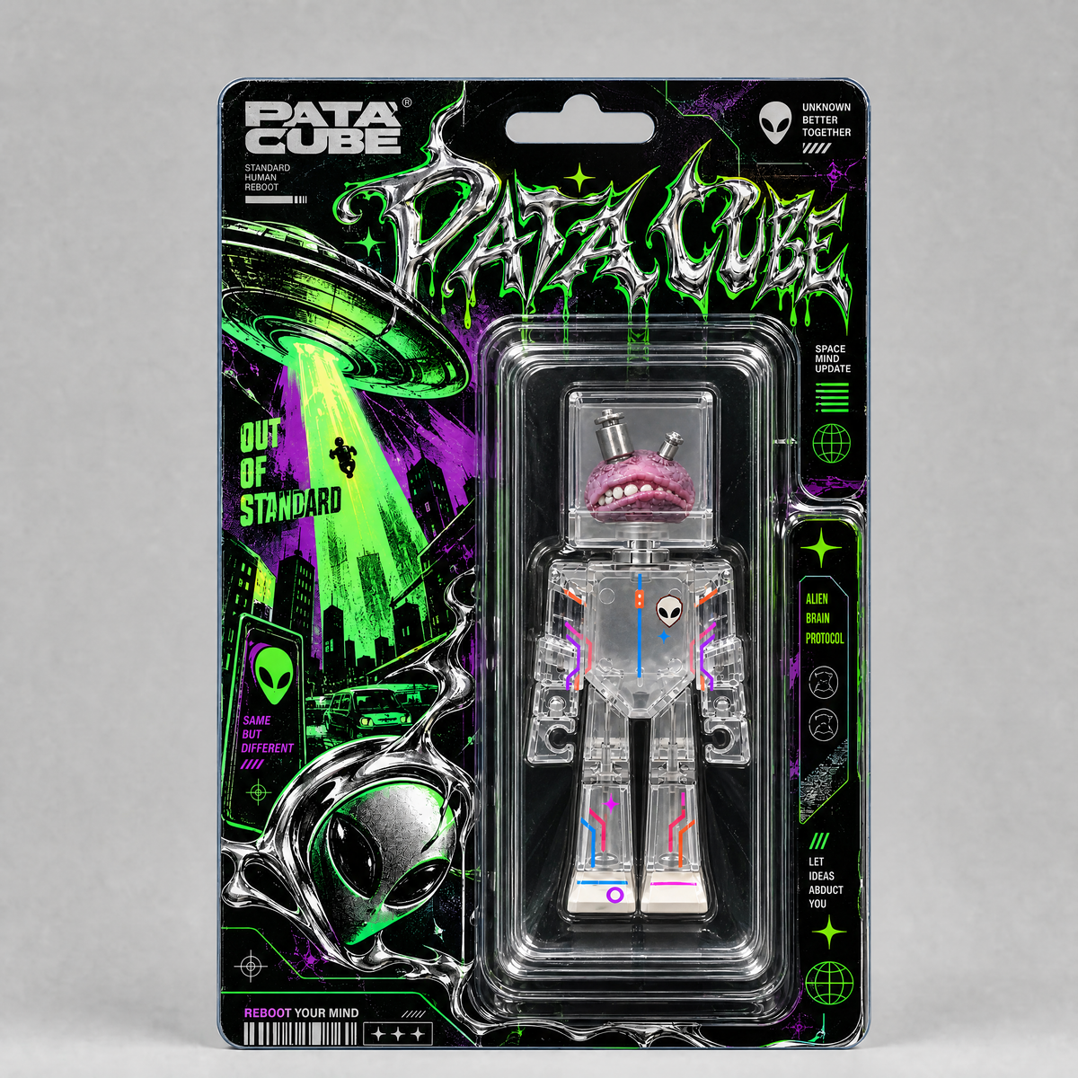 PATA CUBE BAD BRAIN Figure 4" — Interactive Articulated Action Figure, Press-Activated Limp Mode, Transparent Body Collectible