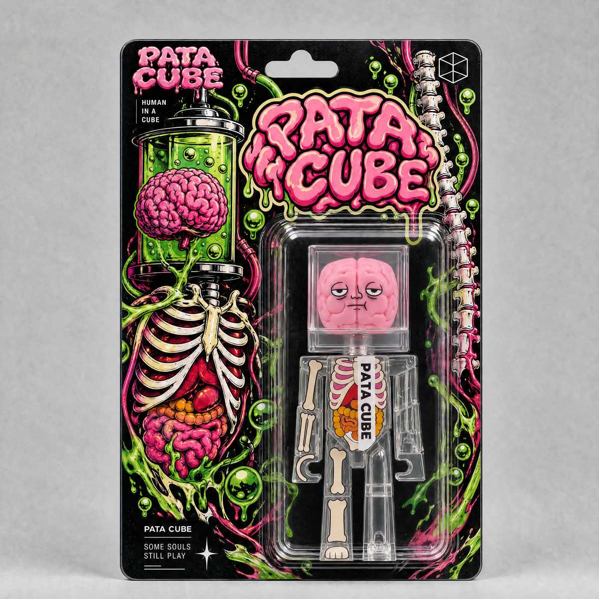 PATA CUBE BAD BRAIN Figure 4" — Interactive Articulated Action Figure, Press-Activated Limp Mode, Transparent Body Collectible